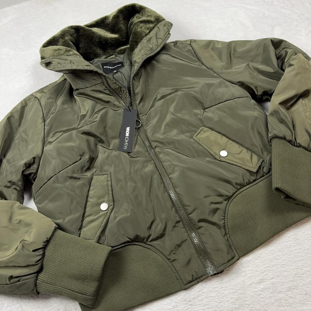 Fashion Nova Jacket Womens XL Green Bomber Padded Lined Full Zip Fur Trim